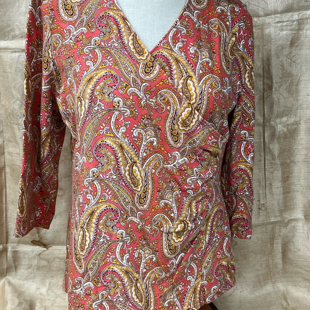 Talbots Red and Gold Paisley V-Neck Blouse